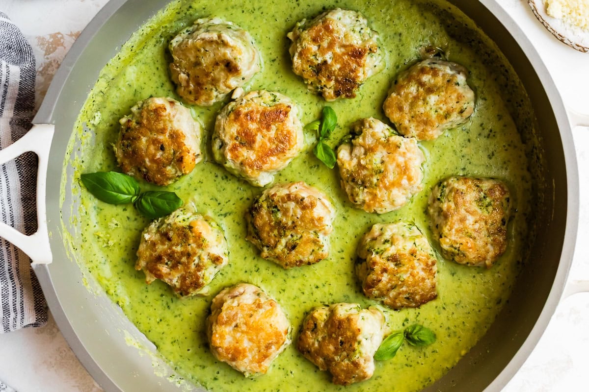 Chicken Meatballs with Lemony Pesto White Bean Puree