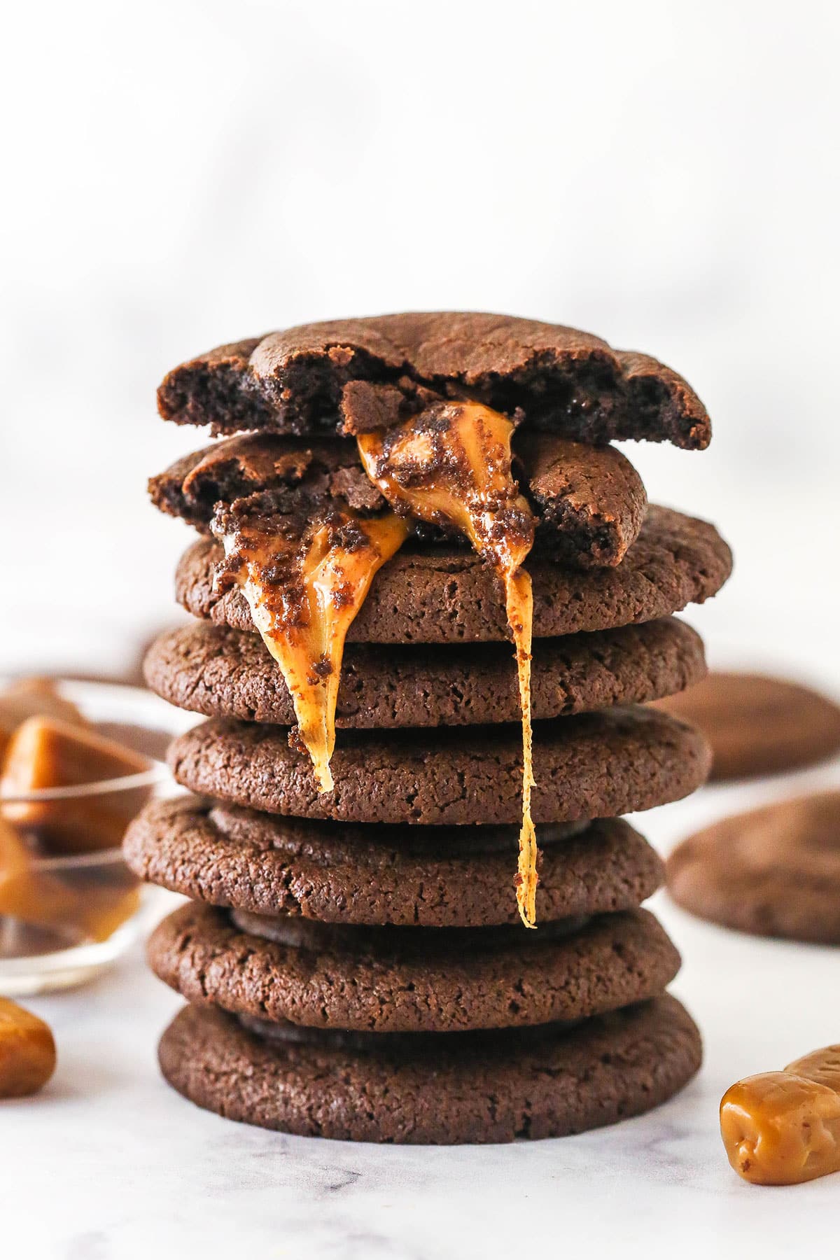 Caramel Stuffed Cookies - Chocolate Cookies with Gooey Caramel Centers