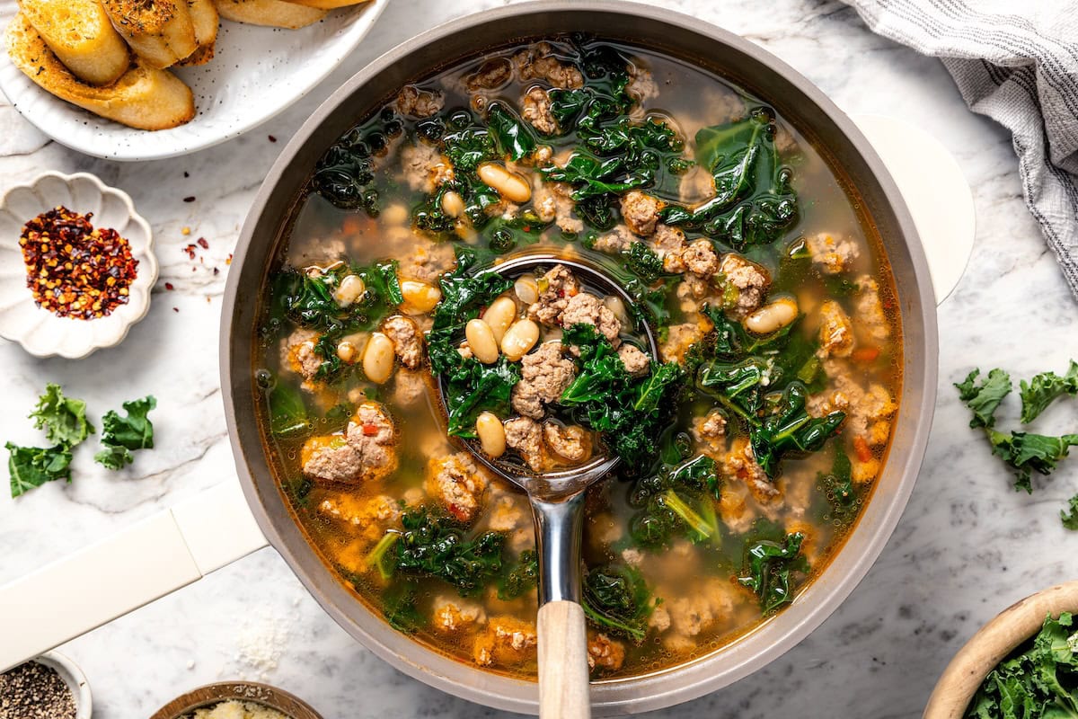 Cozy Kale, Sausage and White Bean Soup (High-Protein and Fiber!)