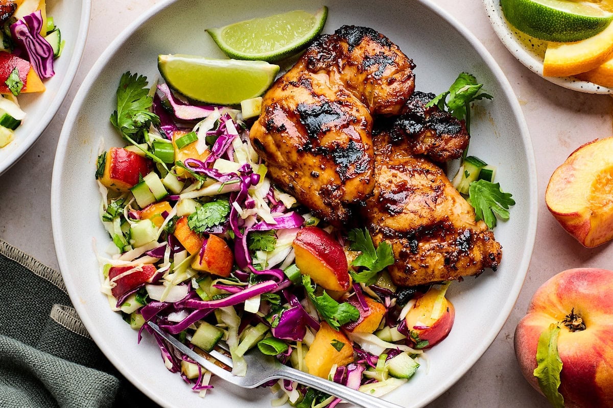 Honey Chipotle Chicken Thighs with Fresh Peach Slaw