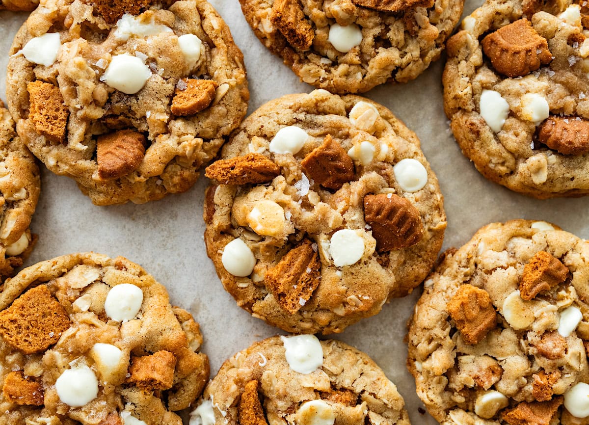 Brown Butter Oatmeal Biscoff Cookies with Toffee & White Chocolate