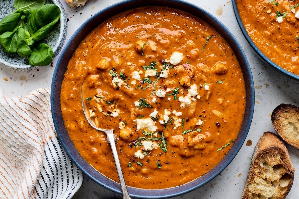 Cozy Roasted Red Pepper Soup with Chickpeas and Orzo