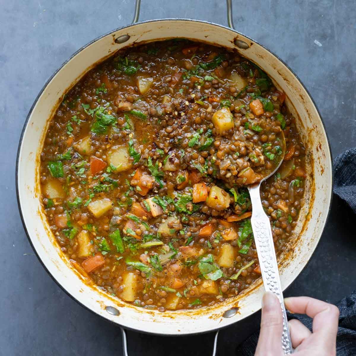Lentil Potato Soup with Crunchy Seed Topping